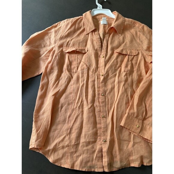 chicos linen shirt orange gold button down roll tab sleeves 100% linen size 2/ L - Picture 8 of 13